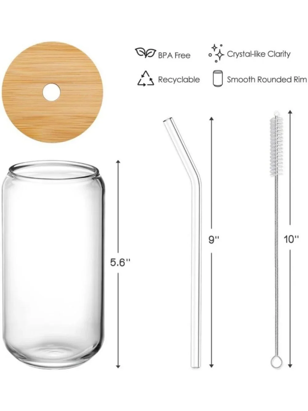 16oz Drinking Glasses Set with Bamboo Lids & Straws - Cute Iced Coffee & Tea